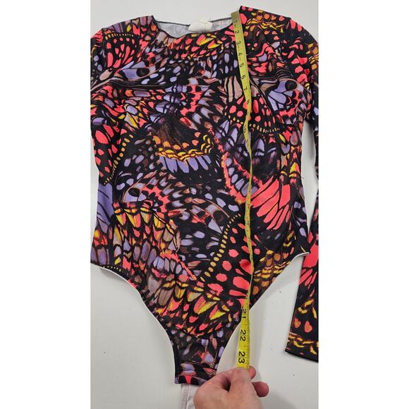 Yitty sz S thong long sleeve semi Sheer body suit lined torso EUC butterfly geo - Picture 10 of 10